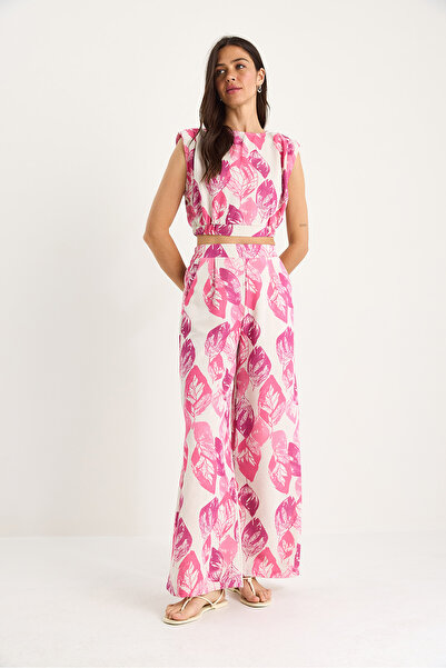 Bianco Lucci Women's Padded Elastic Waist Crop Blouse Loose Pants Patterned Linen Bottom-Top Set 25-086 60283430