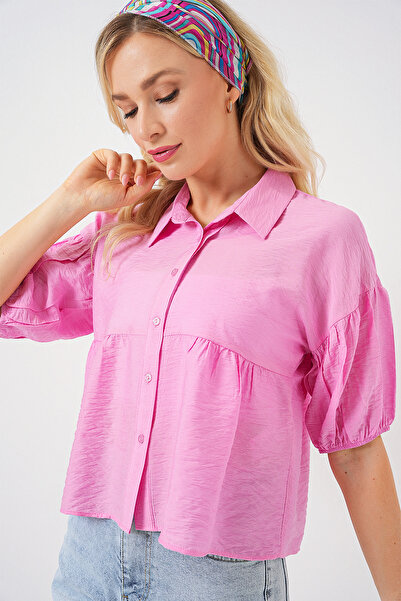 Bigdart Kadın Kısa Kol Crop Gömlek 20335 - Pudra