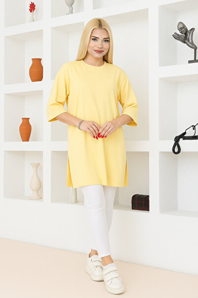 nacar çarşı Kadın Limon Sarısı Oversize Tunik Tişört – Yarım Kollu, Yuvarlak Yaka, Rahat Kesim