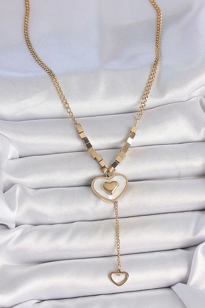 Clariss 316L Steel Gold Color Chain White Enamel Heart Figure Dangle Detail Women's Necklace