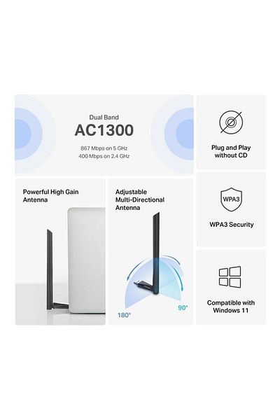 Mercusys Mercusys network adapter, AC1300 external wireless 2.4 GHz, 5 GHz, USB 2.0, 867 + 400 Mbps