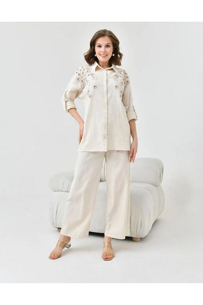 MVStore Women's Floral Print Embroidery Embroidered Linen Oversize Shirt