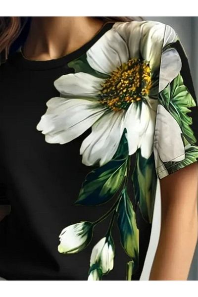 MRA Fashion Women's Short Sleeve Crew Neck Floral Printed Single Jersey Blouse