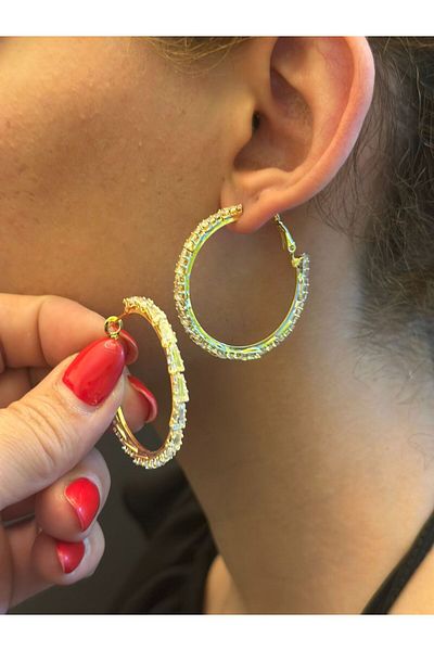 Gönülden Tasarım Steel Zircon Stone Ring Women's Earring 4 cm