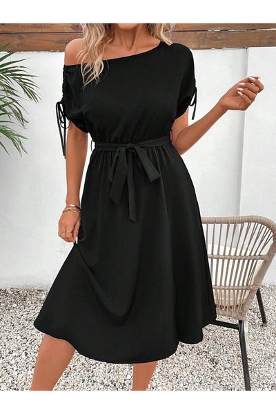 İpeksi Silky Women's One Shoulder Open Sleeve Bow Waist Belted Slit Detailed Viscose Dress
