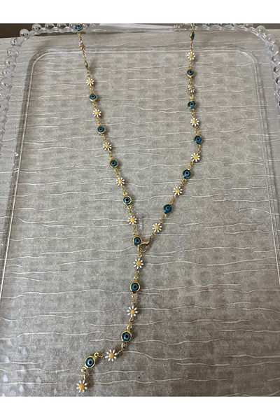 Çelik Y Kolye Papatya ve Nazar Boncuğu Detaylı Ayarlanabilir – Gold Renk – Kadın Takı