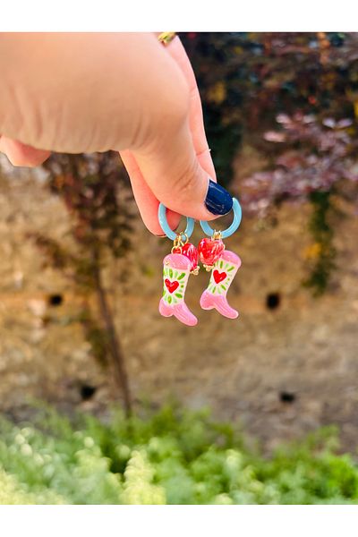 Markiz Takı Murano Glass Pink Boots Heart Detail Earrings