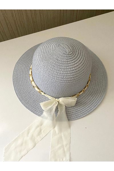 Petek Collection Straw Children's Beach Hat with Ribbon Bow (3-9 Years) Ice Blue