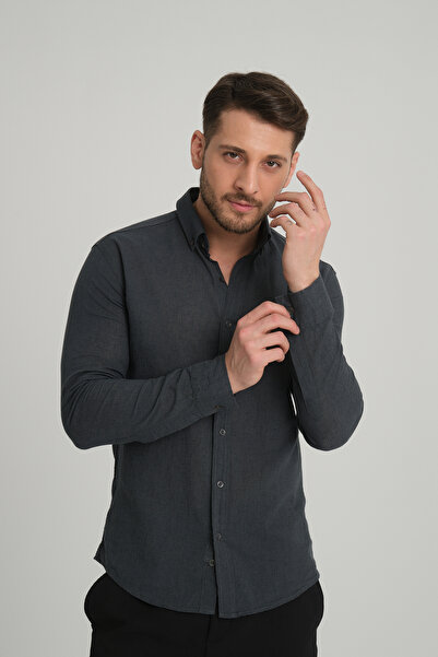 Klothy Men's Collared Long Sleeve Linen Shirt 2198