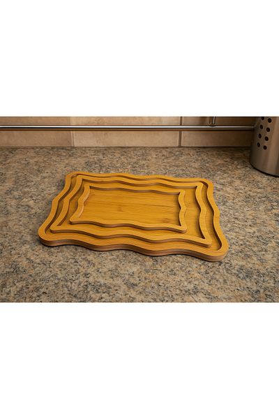 Hanedanev 3-Piece Cornered Wooden Bamboo Look Presentation Tray 3 Sizes Wooden Presentation Tray 8492