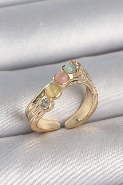 Clariss Brass Gold Color Zircon Stone Detailed Mixed Enamel Adjustable Women's Ring