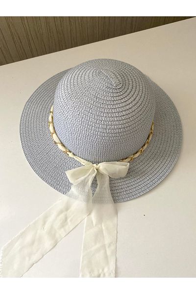 Petek Collection Straw Children's Beach Hat with Ribbon Bow (3-9 Years) Ice Blue