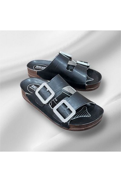 Daye Women's Black Double Buckle Adjustable Stone Light Sole Slippers