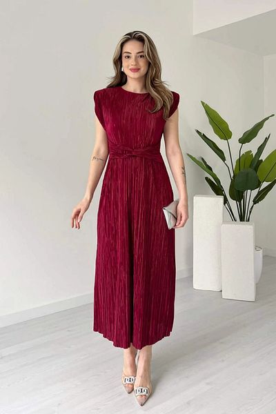 Aventien Rochie midi burgundă plisată cu detaliu în talie