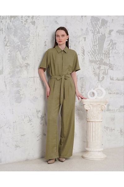 PETITE Belted Shirt Collar Loose Overalls Khaki S255822