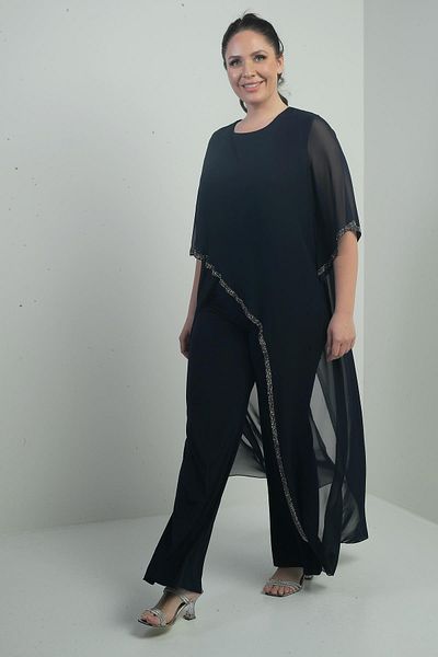By Saygı Women's Chiffon Top with Stone Detail, Spanish Sleeves, Wide Legs, Large Size Lycra Jumpsuit