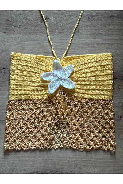 scyllastore Crop realizat manual cu gât și tricotat cu flori – Top croșetat m...