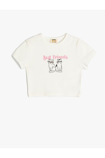 Koton New Season Cat Printed Crew Neck Short Sleeve Cotton T-Shirt