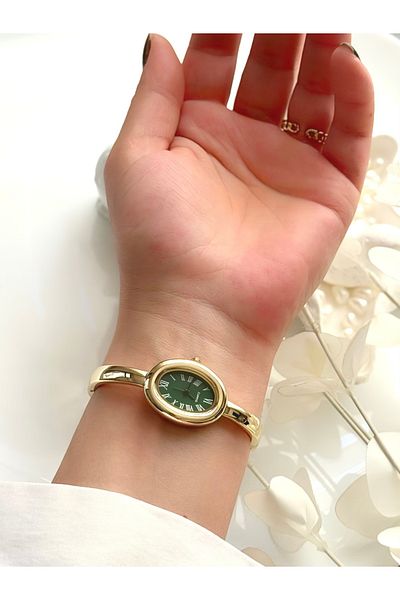 Forsining -(Gold Color) Handcuff Model Green Inner Dial Women Wrist Watch