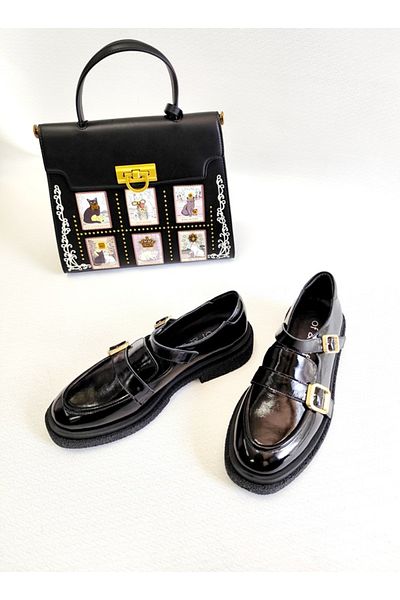 Of&Off Women's Patent Leather Belt Detail Casual Shoes