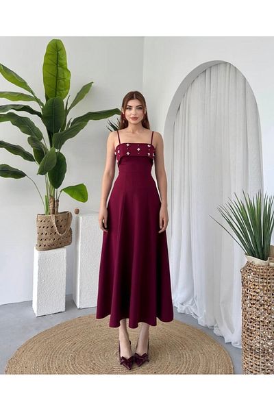 Afiş Butik Burgundy Thin Strap Dress with Pearl Detail