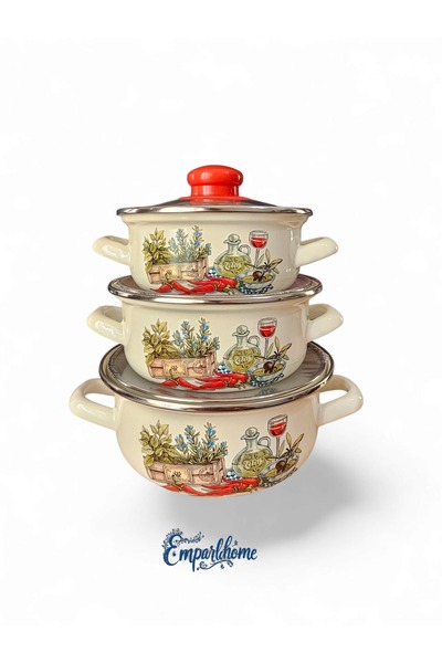 Emparlahome Enamel 3-Piece Cooking and Storage Pot Set (12Cm-14Cm-16Cm) Red Patterned