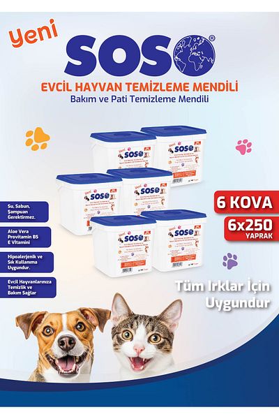 SOSOmarket 6Pcs X 250 Sheets - Soso Bucket Pet Cat Dog Paw and Body Cleaning Wipes Glstd