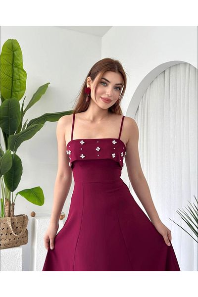 Afiş Butik Burgundy Thin Strap Dress with Pearl Detail