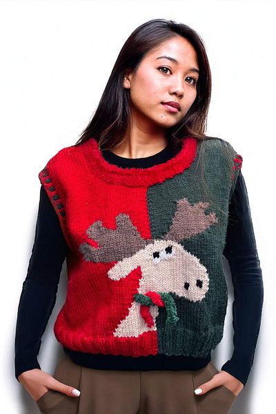 Zone Design Store Hand Knitted Christmas Sweater |   Deer Motif & Feather Scarf Detailed Design