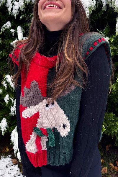Zone Design Store Hand Knitted Christmas Sweater |   Deer Motif & Feather Scarf Detailed Design
