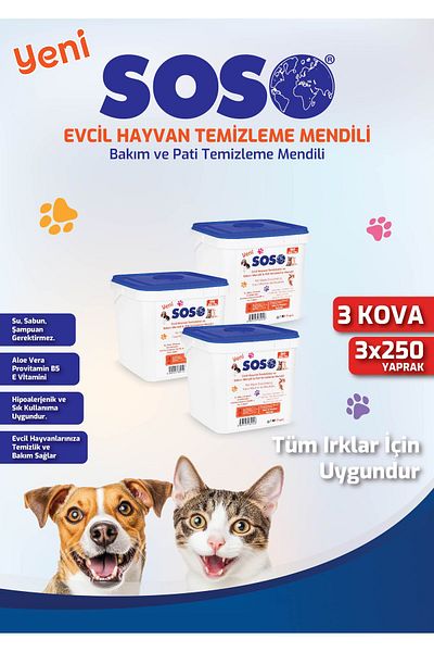 SOSOmarket 3Pcs X 250 Sheets - Soso Bucket Pet Cat Dog Paw and Body Cleaning Wipes Glstd