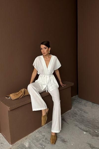 Marka Linen V-Neck Tie Belt Bluz-Pants Suit - White
