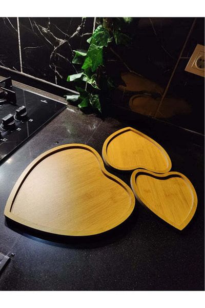 Hanedanev 3-Piece Heart Wooden Bamboo Look Presentation Tray 3 Sizes Wooden Presentation Tray 8496
