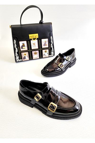 Of&Off Women's Patent Leather Belt Detail Casual Shoes