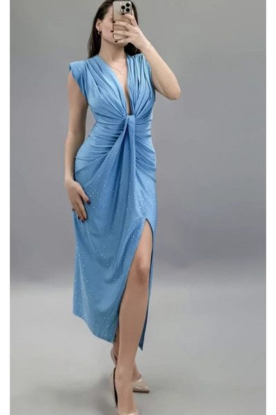 NO BRAND Rochie Chiara cu pietre bleu