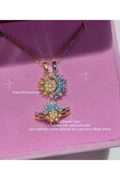 cheberry takı Steel Necklace with Moon and Sun Magnet and Adjustable Ring Couple(the Necklace Is Steel Ring Plated)