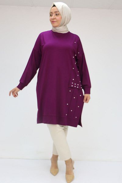 Eslina 58048 Large Size Self Ribbed Combed Cotton Tunic - Plum
