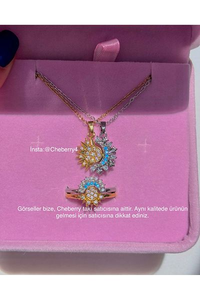 cheberry takı Steel Necklace with Moon and Sun Magnet and Adjustable Ring Couple(the Necklace Is Steel Ring Plated)