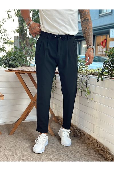 manch collection Pantaloni din țesătură cu șnur în talie italiană, negri