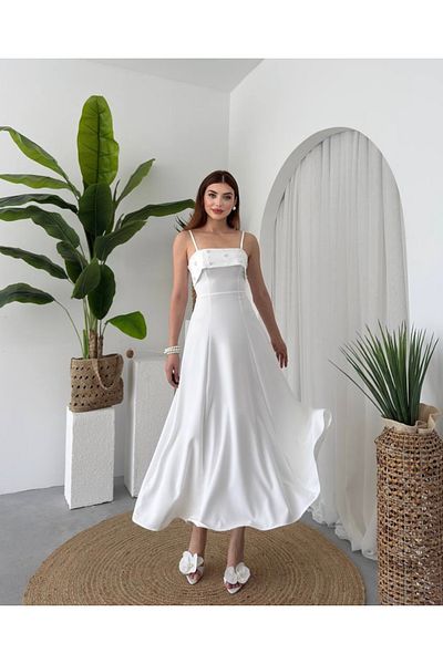 Afiş Butik White Thin Strap Dress with Pearl Detail