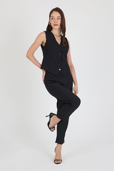 Yavuz Kapıcı Striped V-Neck Vest and Carrot Pants Set Original Cut