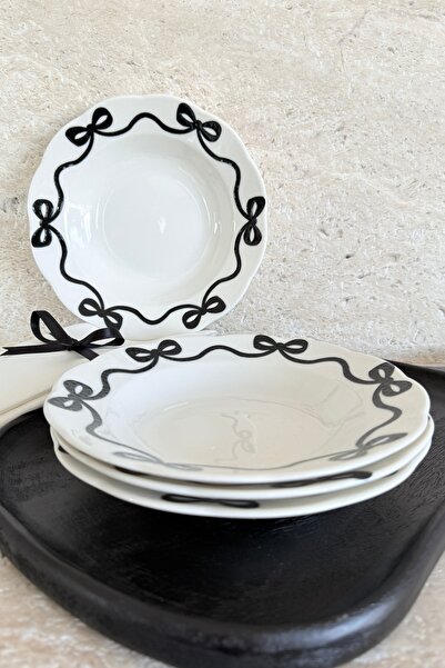 porselenden Bow 4 Pieces Off White Premium Porcelain 23 cm Pit Plate Set Black Ribbon Pattern Dinner Plate