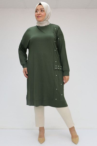 Eslina 58048 Large Size Self Ribbed Combed Cotton Tunic - Khaki