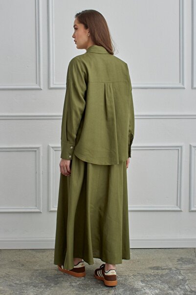 QANU بدلة تنورة من الكتان من أزور باللون الأخضر