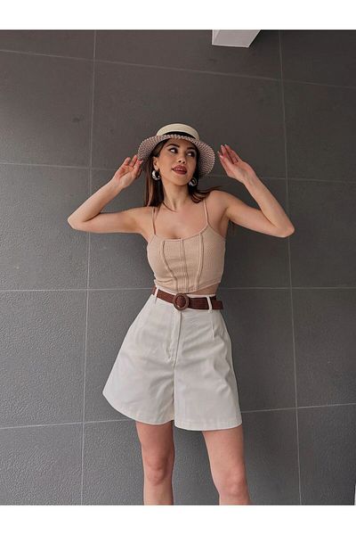 BRAXELL Wide Leg Mom Shorts with Belt -Cream S-Cream