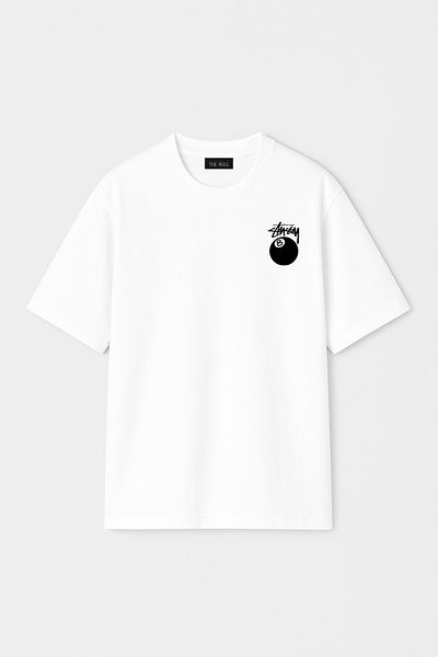 THE RULE Tricou alb unisex Stüssy cu minge de biliard imprimat oversize 100% bumbac cu decolteu lat RF0525