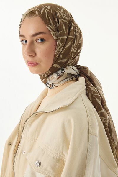 FENZA SCARF Olive Leaf Patterned Cotton Shawl - Brown-Beige