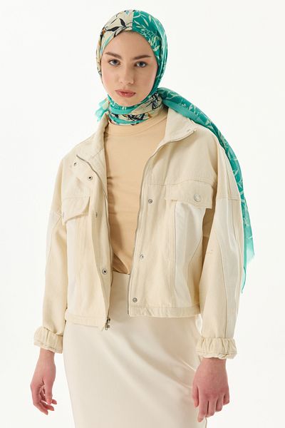 FENZA SCARF Olive Leaf Patterned Cotton Shawl - Turquoise-Cream