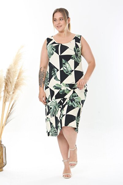 Madwilo Women's Green Monstera Pattern Strap Plus Size Dress