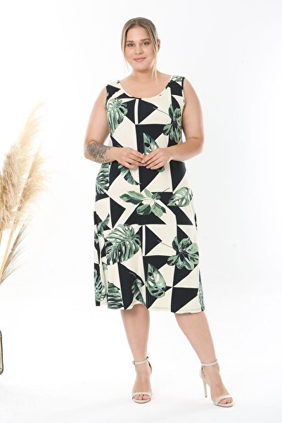 Madwilo Women's Green Monstera Pattern Strap Plus Size Dress